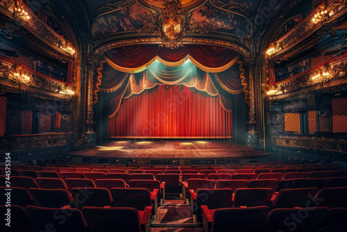 Grand Renaissance theater with ornate box seats, plush velvet curtains, and a stage.