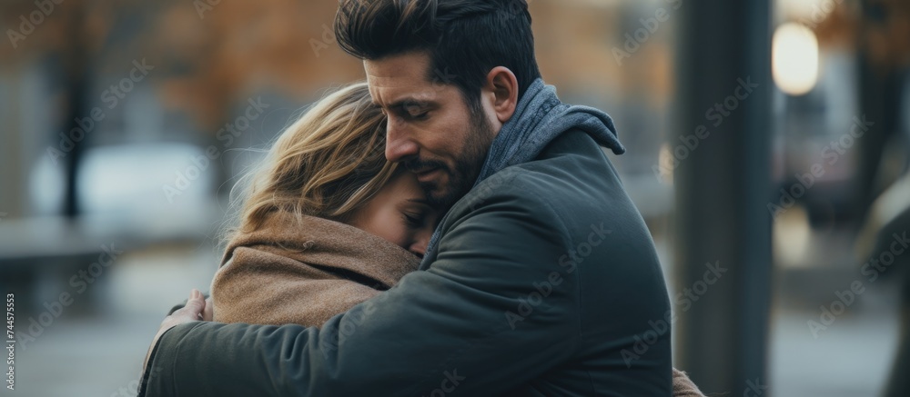 Female friend providing empathic hug to a man in grief outdoors. Female friend providing empathic hug to a man in grief outdoors.