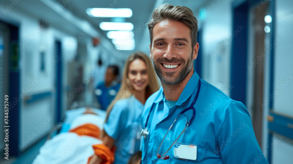 Happy Nurse Supporting Woman on Stretcher Happy Nurse Supporting Woman on Stretcher