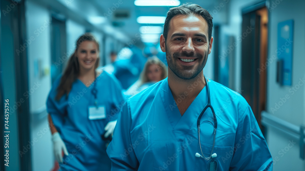 Delighted Attendant Transporting Patient in Blue Uniform Delighted Attendant Transporting Patient in Blue Uniform