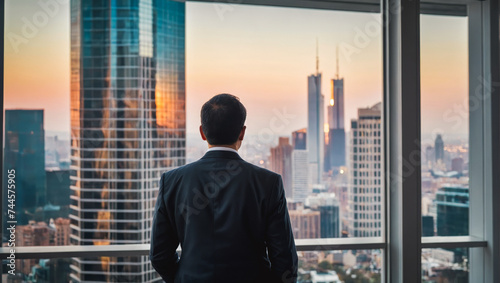Businessmen standing back during sunrise overlay with cityscape image. The concept of modern life, business, city life, and Internet of things.