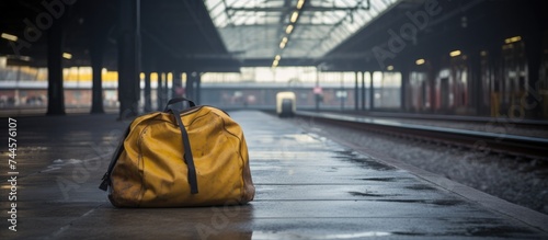 A suspicious bag abandoned on train station platform, photographed from a distance with a focused view.