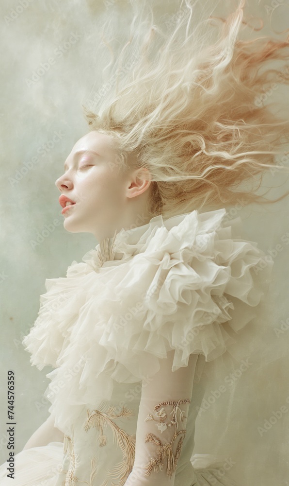 Fototapeta premium Surreal Woman with Flowing Hair in Ethereal White Dress