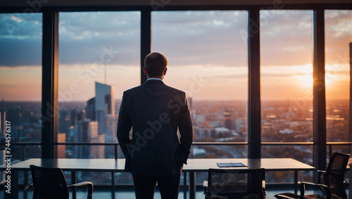 Businessmen standing back during sunrise overlay with cityscape image. The concept of modern life, business, city life, and Internet of things.