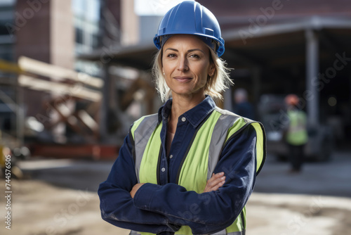 Woman with blue helmet: Confident female construction worker in a hard hat and hi-vis vest, arms crossed, at a bustling construction site.