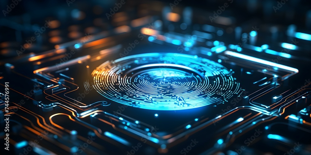 A closeup digital fingerprint scanner for biometric identity verification and access control. Concept Biometric Security, Identity Verification, Access Control, Digital Fingerprint Scanner