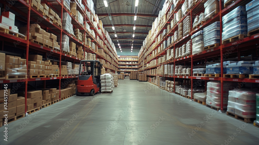 Interior modern logistics warehouse, a hub of supply chain efficiency, racks and pallets of goods, inventory management and storage solutions, transportation, warehouse, logistics management, shipping Interior modern logistics warehouse, a hub of supply chain efficiency, racks and pallets of goods, inventory management and storage solutions, transportation, warehouse, logistics management, shipping