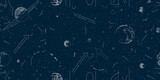 Seamless pattern of ink galaxy. Simple line Illustration arrows and graphs Flying In The Universe black color grunge texture background.