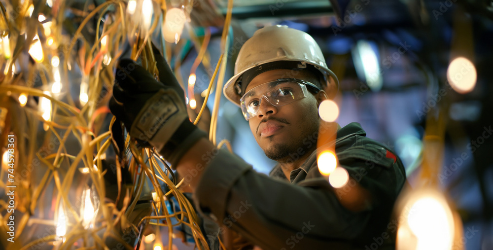 Fototapeta premium welder at work, a construction worker operating heavy machinery at a busy construction site, showcasing skill and safety measures