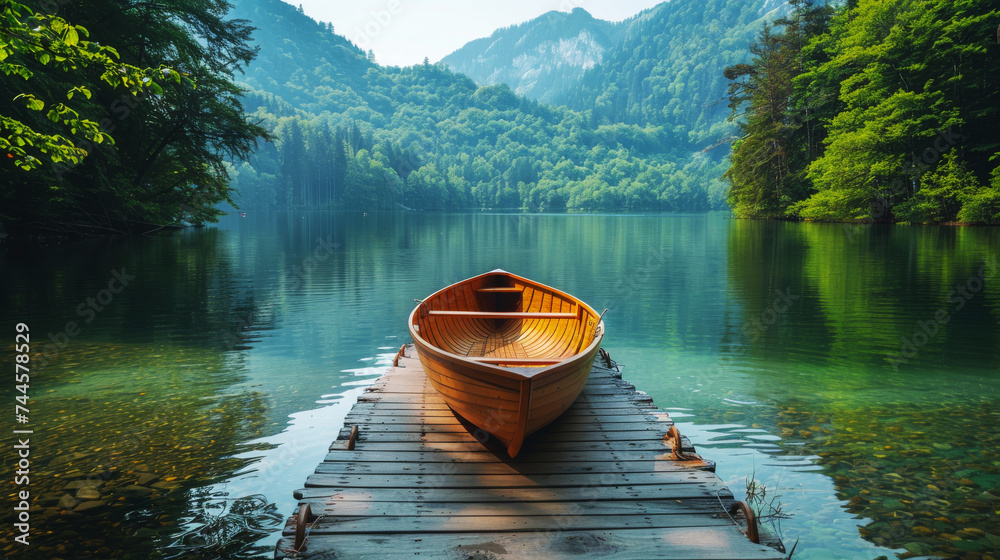 Boat Docked on Tranquil Mountain Lake.
Wooden boat on calm lake, mountains.