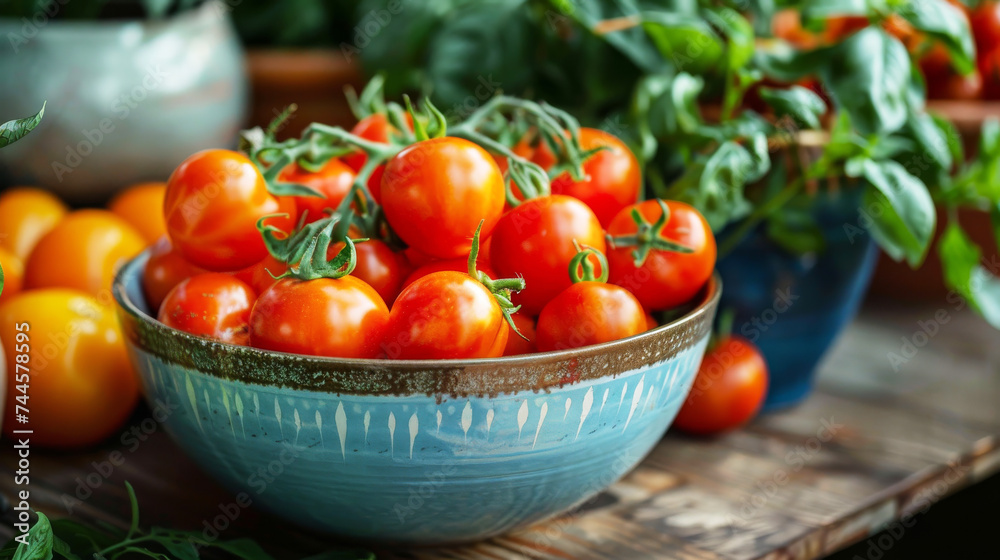 Fresh Cherry Tomatoes in Ceramic Bowl.
Ripe cherry tomatoes in a rustic blue bowl, wooden background. Fresh Cherry Tomatoes in Ceramic Bowl.
Ripe cherry tomatoes in a rustic blue bowl, wooden background.