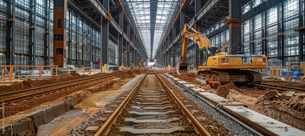 Train station project construction with excavator. Generative AI technology.	
