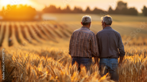 Two Farmers Overlooking Golden Wheat Field. Senior farmers, sunset, agriculture.