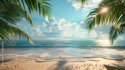 Tropical beach with palm trees during a sunny day A calm and sunny place to rest and dream beach ocean clear clean sand coast beach and tree leaf background © somruethai
