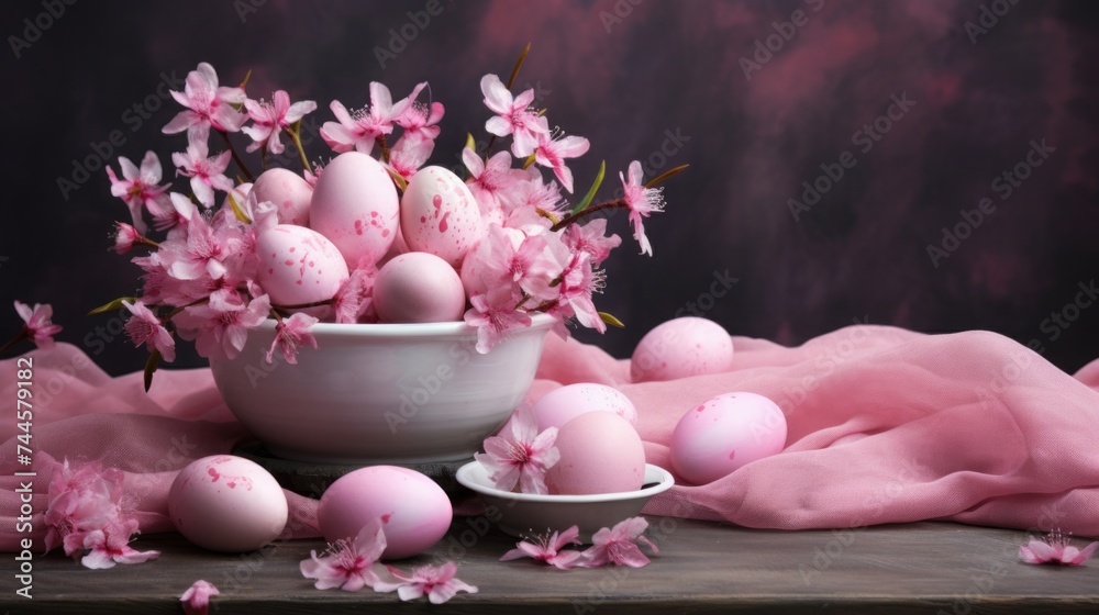 Traditional Easter colored eggs. The table is set for the holiday in pink tones. napkin and plate with treats.