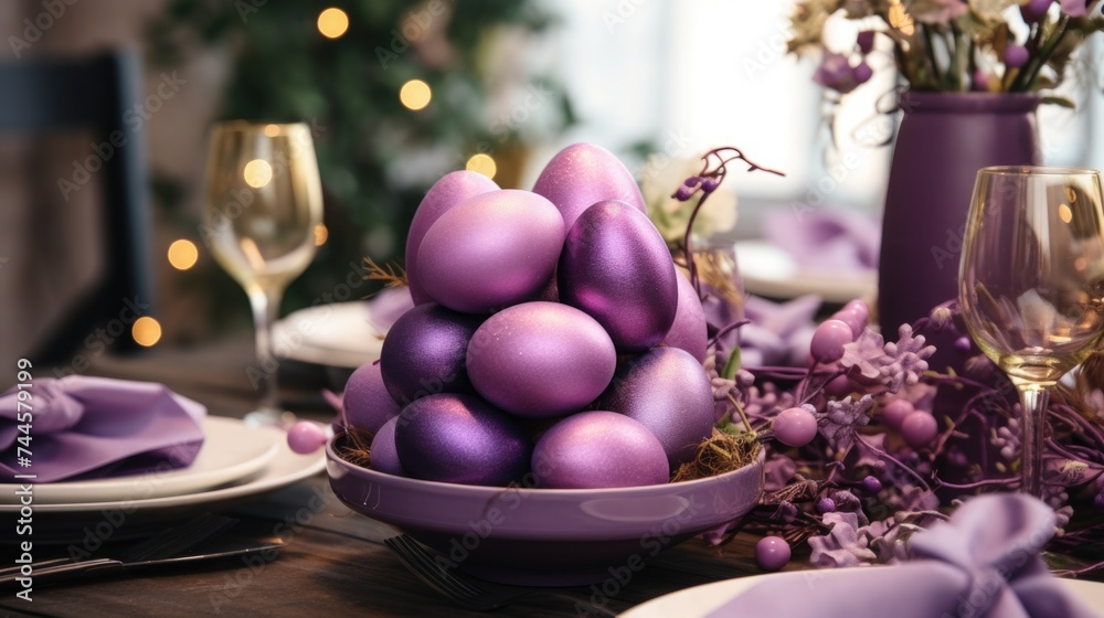 Traditional Easter colored eggs. The table is set for the holiday in purple tones. napkin and plate with treats.