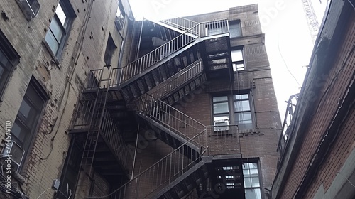 A metal fire escape staircase zigzagging down the side of a gritty urban building.