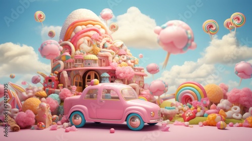 Colorful pastel candy landscape. pink castle or palace in the land of sweets and car. road among sweets and lollipops © Svetlana