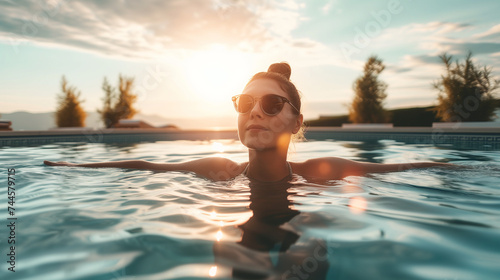 Amidst the calm ripples of the swimming pool  a woman finds solace and rejuvenation  basking in the blissful tranquility of the water