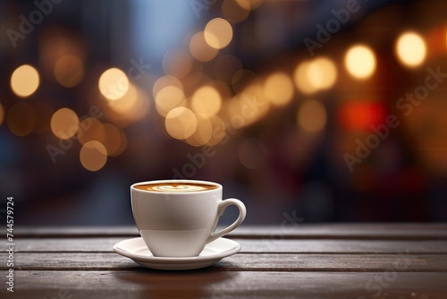 Coffee cup on wooden table in front of bokeh background
