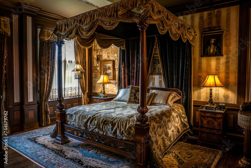 Luxurious Renaissance bedroom with a four-poster canopy bed, rich brocade curtains.