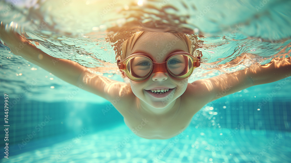 Kid explores the underwater world of the pool
