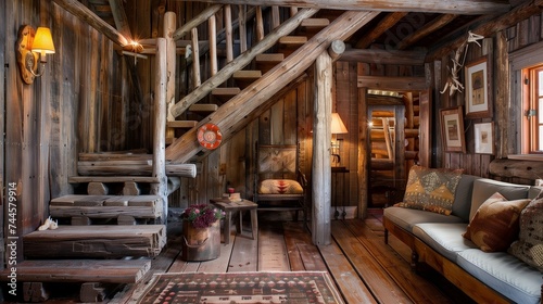 A rustic wooden staircase inside a cozy cabin, adorned with handcrafted ornaments.