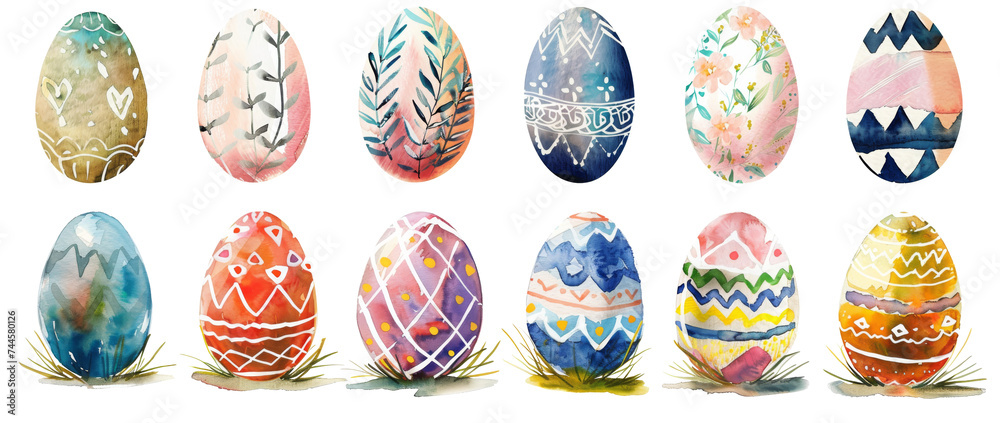Colorful watercolor of Easter Eggs, isolated transparency