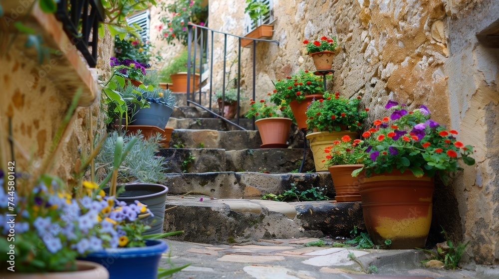 A spiral staircase in a quaint European village, adorned with colorful flower pots.