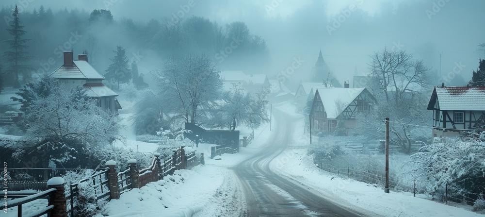 Foggy village road at winter. Generative AI technology.	
