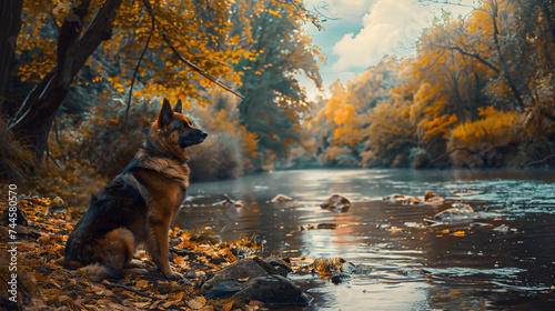 Shepherd dog at the edge of a river
