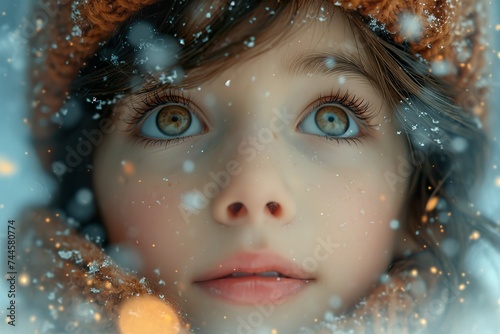 Young cartoon girl looking through the window during winter, waiting for Santa. Christmas-themed