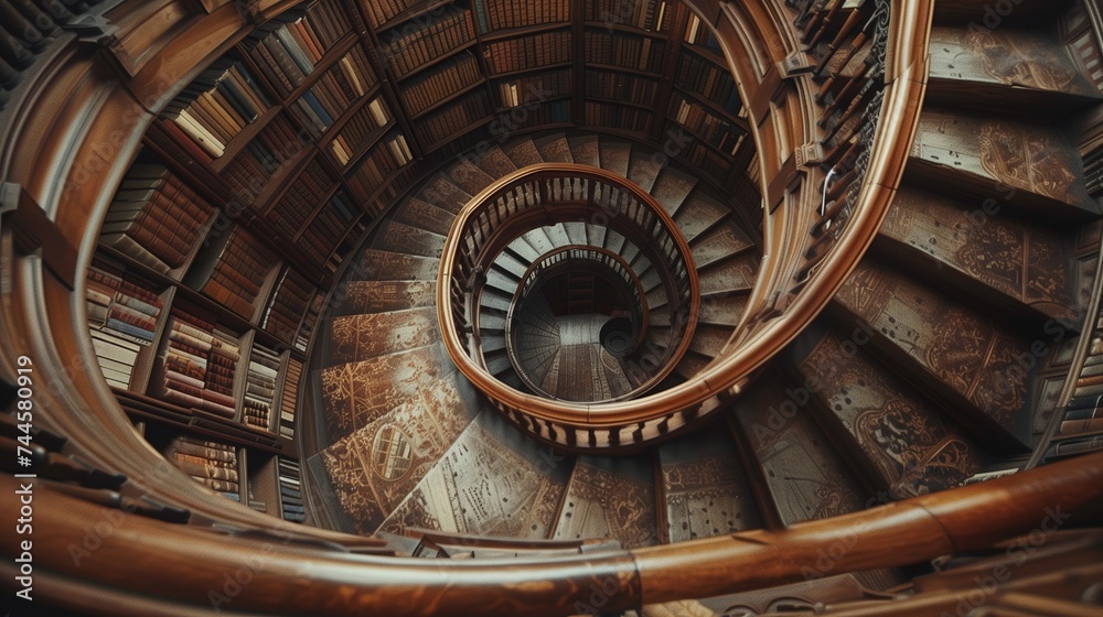 A spiral staircase in an old library, lined with shelves overflowing with antique books.