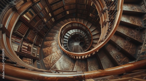 A spiral staircase in an old library, lined with shelves overflowing with antique books.