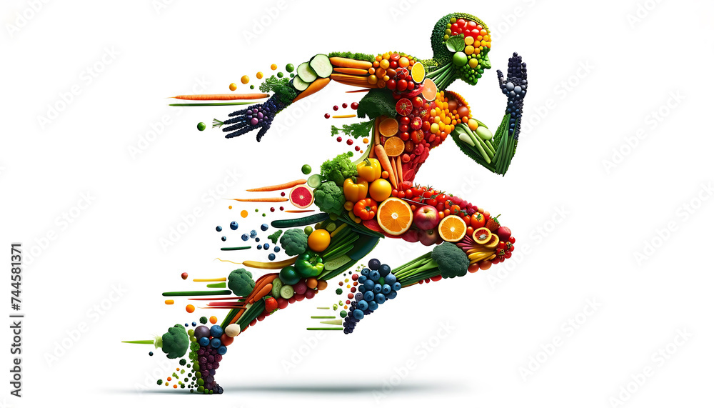 Dynamic Runner Silhouette Composed of Assorted Fresh Fruits and Vegetables. representing health and vitality through nutrition. Dynamic Runner Silhouette Composed of Assorted Fresh Fruits and Vegetables. representing health and vitality through nutrition.