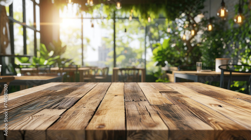 Wooden table placed in front of large window