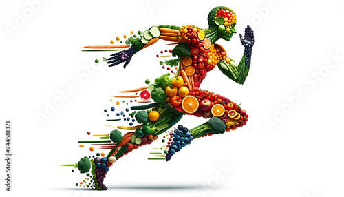 Dynamic Runner Silhouette Composed of Assorted Fresh Fruits and Vegetables. representing health and vitality through nutrition.