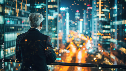 Man in suit looking out over city at night  suitable for business or urban concepts