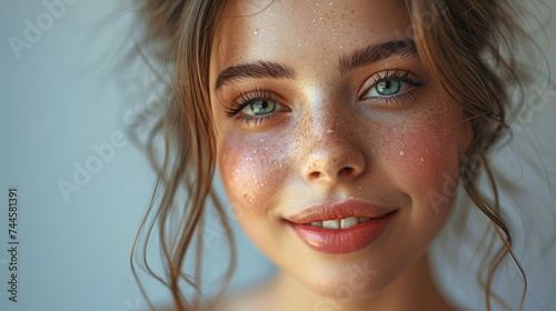 Close up of woman with freckles, perfect for beauty or skincare concepts