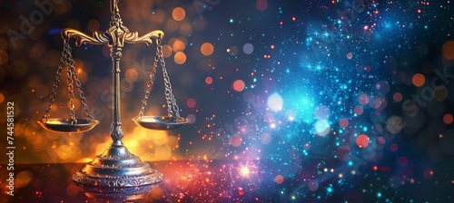 Scale of justice with colorful bokeh background. Generative AI technology. photo