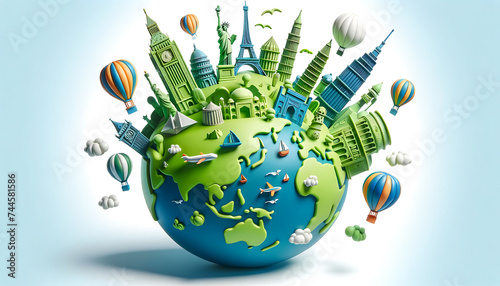 Whimsical 3D World Map with Iconic Landmarks and Hot Air Balloons. complete with colorful hot air balloons and miniature vehicles, all set against a cheerful blue background.