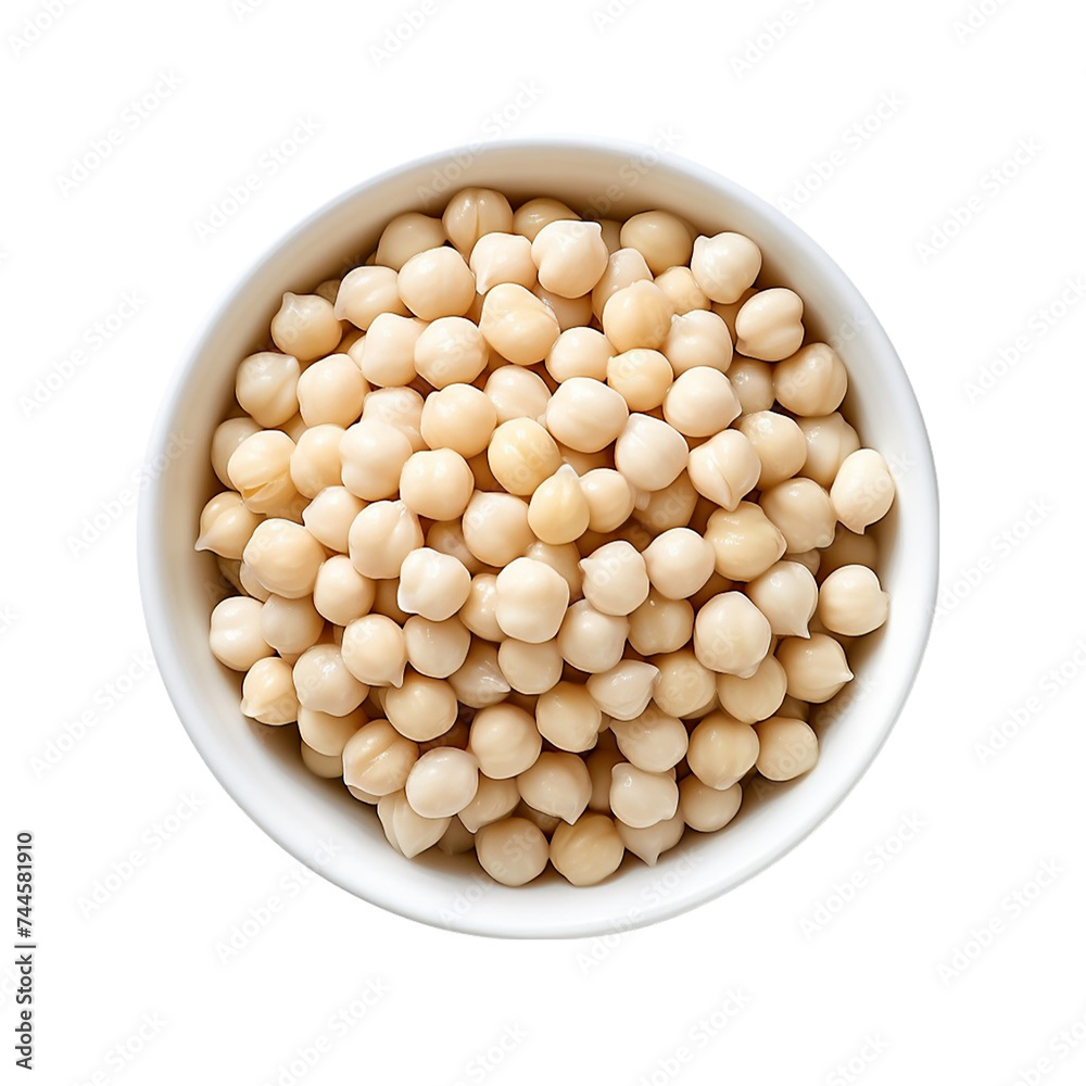 Bowl of chickpeas isolated on transparent background. Top view.