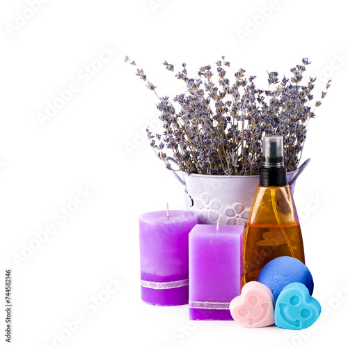 Lavender flowers  lavender oil  soap and scented candles isolated on white. Free space for text.