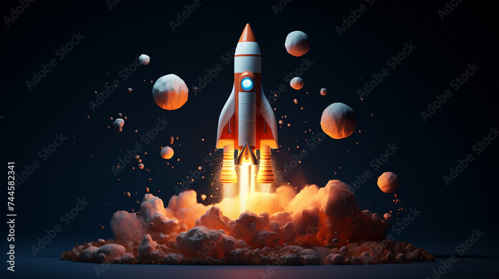 3d style rocket taking off dark background