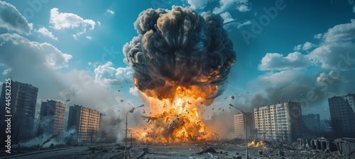 Small nuclear bomb radioactive explosion at the middle of the city. Generative AI technology. 