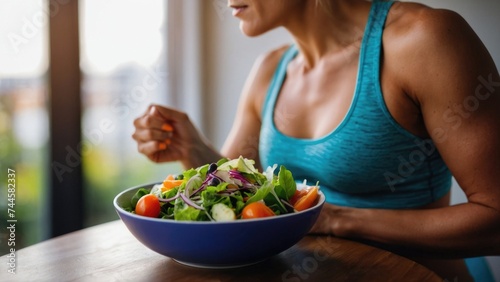 a fit woman is eating a salad in the kitchen