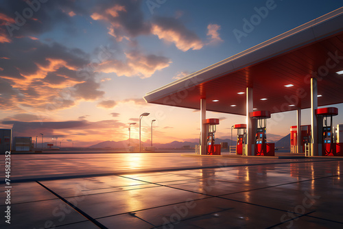 Gas station at sunset with reflection in water. 3D rendering.