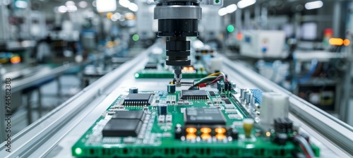 Obraz na płótnie High precision machine create computer microchip hardware manufacture at factory. Generative AI technology. 