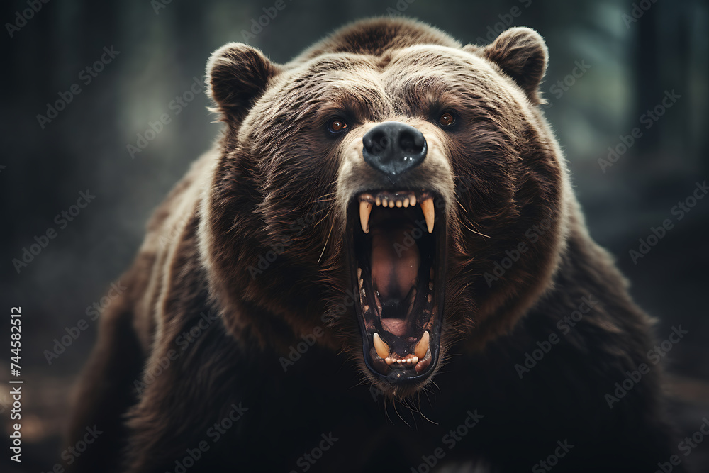 Obraz premium Angry big brown bear with open mouth in forest. Halloween concept