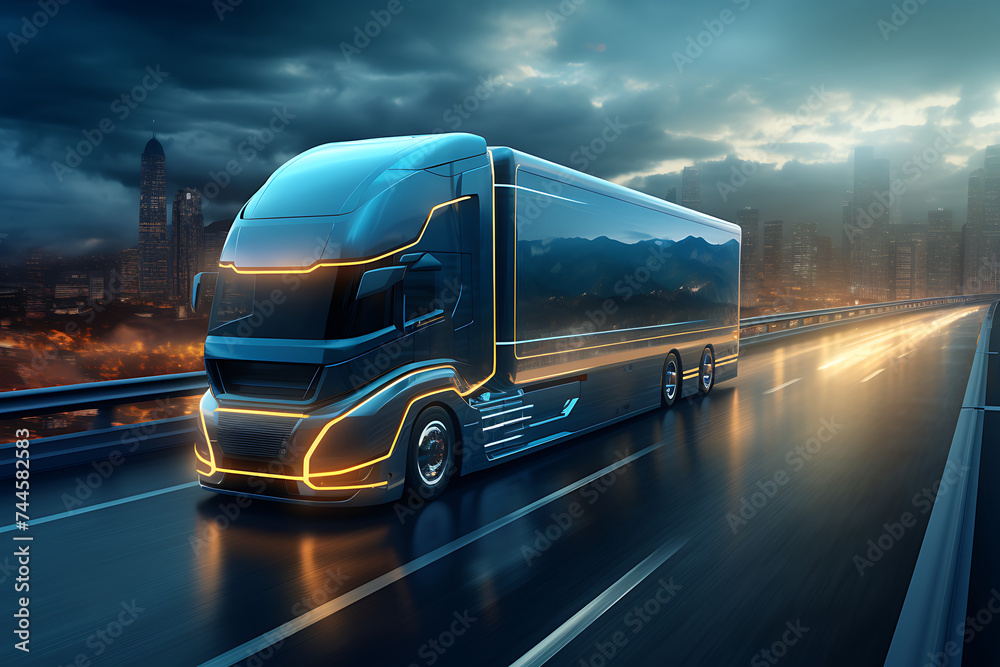 Truck on the road with mountains in the background. 3d rendering Truck on the road with mountains in the background. 3d rendering